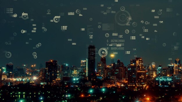 Die analytische Schnittstelle für Geschäftsdaten fliegt über Smart City und zeigt die Zukunft der Veränderung