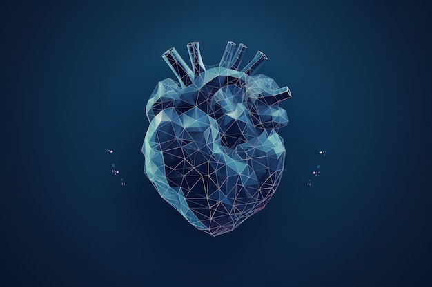 Die Anatomie des menschlichen Herzens bildet Linien und Dreiecke, die ein Netzwerk auf blauem Hintergrund verbinden. Illustration Generative KI