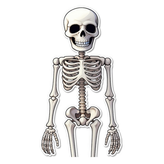 Die animierte Freude Vollkörperansicht eines Pixar-Stil Cartoon Skeleton Sticker auf einem weißen Hintergrund
