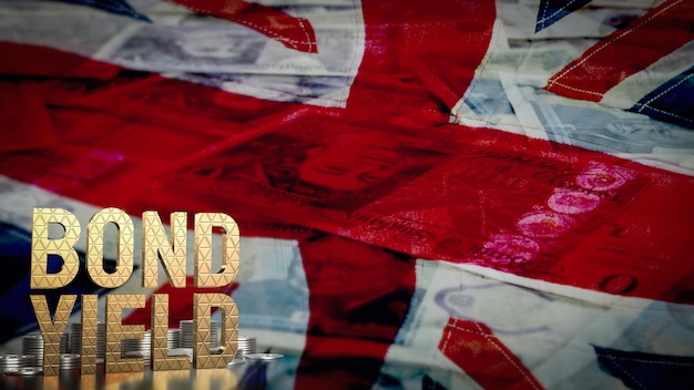 Die Anleihenrendite und die Münzen auf der Flagge des Vereinigten Königreichs für das Geschäftskonzept 3D-RenderingxA
