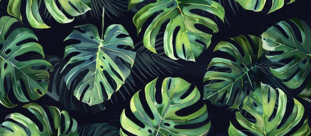 Die Aquarellmonstera hinterlässt ein nahtloses Muster auf dunklem Hintergrund