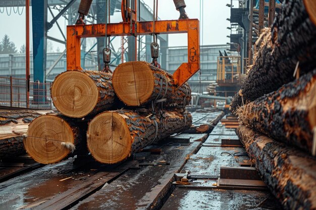 Die Arbeit eines Kantilever-Gantry-Kranes zum Beladen von Stämmen in einer Holzverarbeitungsindustrie