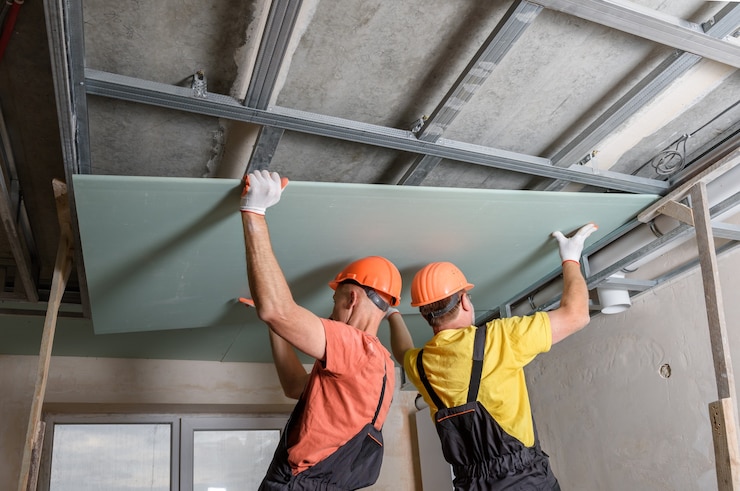 Foto die arbeiter heben gipskartonplatten an, um sie weiter an der decke zu befestigen