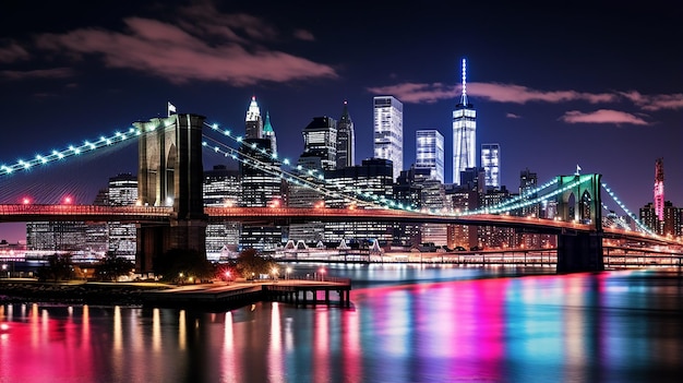 die architektonische Pracht von New York City Dieses Foto zeigt eine Ansicht von Manhattan bei Nacht mit Schlepptau