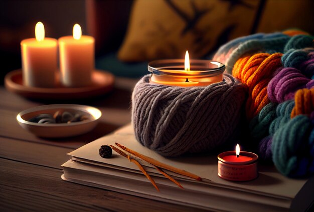 Die Atmosphäre von Winterferien mit Kerzen, einem Strickpullover und einem Buch. Generative KI