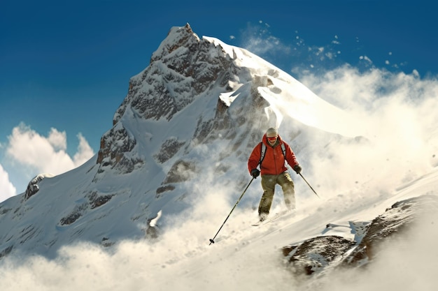 Die aufregenden Momente eines Mannes, der Bergski-Abenteuer im Freien genießt, sind vorbei.