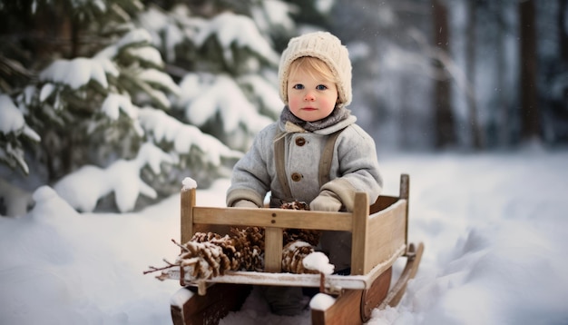 die Aufregung und Erwartung des Kindes, als sie sich mit ihrem treuen Schlitten auf ein schneebedecktes Abenteuer begeben