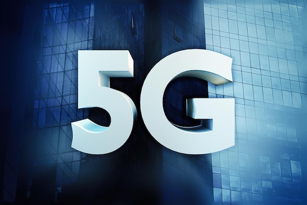 Die Aufschrift 5G Nahaufnahme auf dem Hintergrund des Glasgebäudes des Geschäftszentrums 5G neue Generation der mobilen Kommunikation