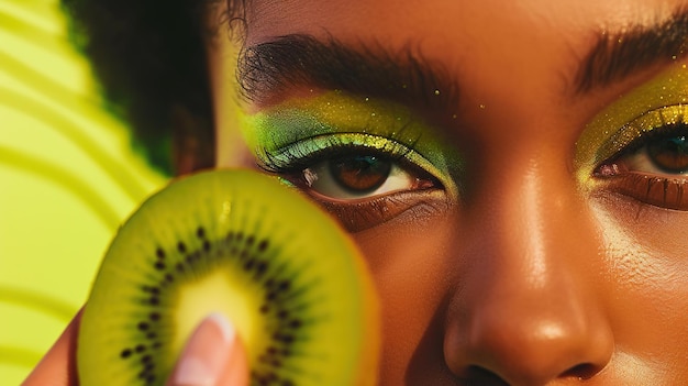 Die Augen einer Frau, die mit einem lebendig grünen Augenschatten ausgestattet ist und eine Scheibe Kiwi in der Nähe ihres Gesichts hält