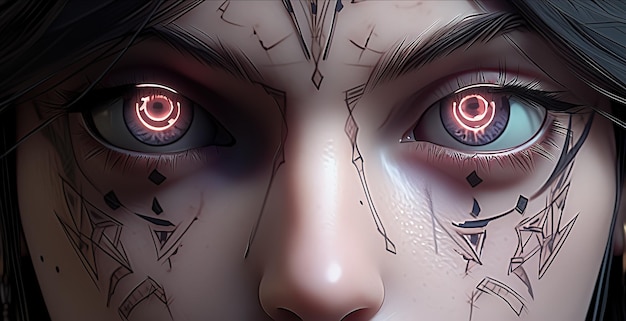 Die Augen einer Frau mit dem Wort „Cyberpunk“ auf der linken Seite