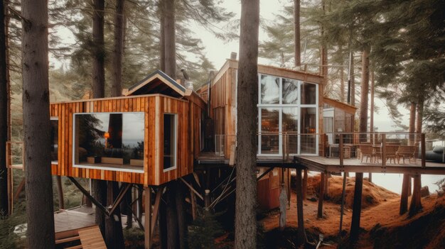 Die Außengestaltung eines modernen skandinavischen Baumhauses aus Holz mit hohen Bäumen mit Blick auf Wald und See Generative AI AIG30