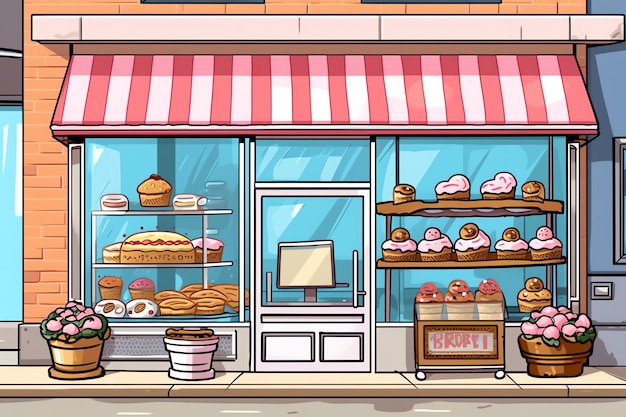 Die Außenseite eines Bäckereigebäudes oder einer Restaurantstraßenlandschaft mit Schild im Cartoon-Stil