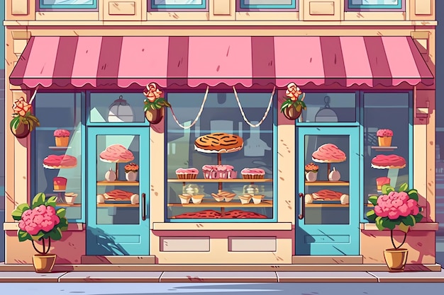 Die Außenseite eines Bäckereigebäudes oder einer Restaurantstraßenlandschaft mit Schild im Cartoon-Stil