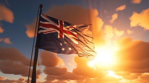 Foto die australische flagge 2 schwingt im wind gegen einen blauen himmel und wolken