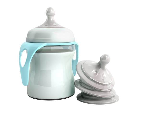 die Babyflasche mit Milch 3D-Render auf weiß kein Schatten