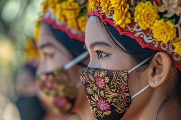 Foto die balinesen tragen traditionelle kleidung und masken