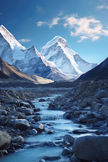 Die Basis des Mount Everest aus einem felsigen Boden im Stil der generativen KI mit hellem Himmel