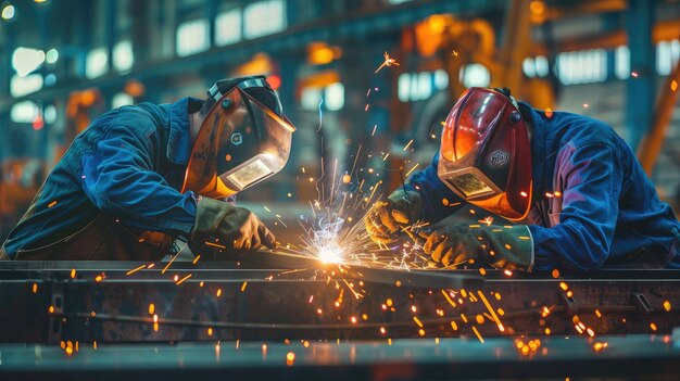 Die beiden Handwerker schweißen und schleifen an ihrem Arbeitsplatz in der Werkstatt, während die Funken um sie herum fliegen. Sie tragen einen Schutzhelm und Ausrüstung.