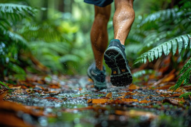 Die Beine und Füße eines Läufers verschwinden, während er durch einen dichten grünen Wald rennt