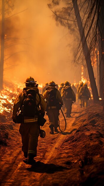 Die Bekämpfung eines Waldbrandes mit Feuerwehrleuten xA