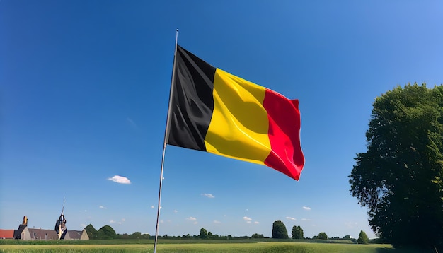 Die belgische Flagge schwingt stolz gegen einen klaren blauen Himmel, umgeben von lebendigen grünen Feldern und einer sanften Brise.
