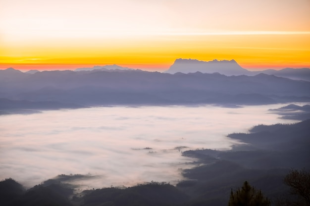 die Berge mit Nebel und Sonnenaufgang am Morgen