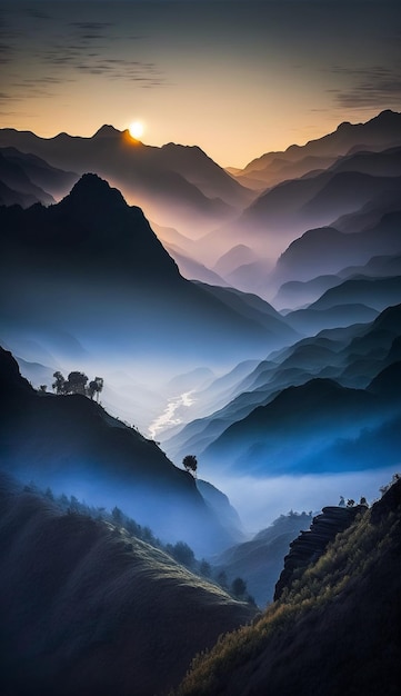 Die Berge sind mit Nebel und nebligen Wolken bedeckt die Sonne scheint generativ ai