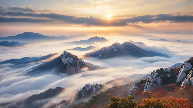 Die Berge sind vom Morgennebel des Nationalparks Seoul in Südkorea bedeckt