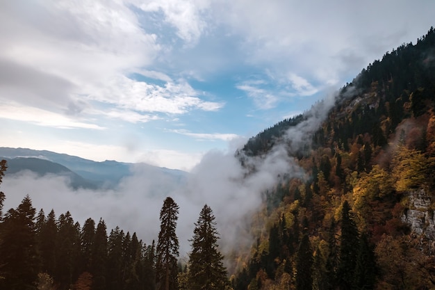 Die Bergherbstlandschaft mit buntem Wald und hohen Gipfeln Kaukasus. Skigebiet Rosa Khutor in der Nebensaison, Russland, Sotschi. Tanz der Bergwolken