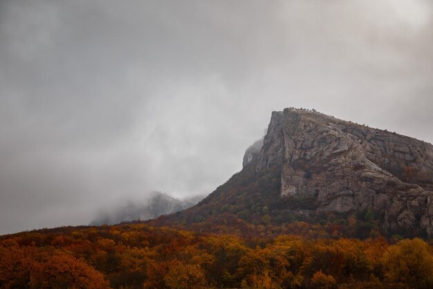 Die Bergherbstlandschaft mit buntem, waldbewölktem Herbstwetter, schwerem bleiernem Himmel und hellgelbem Wald am Fuße der Berge