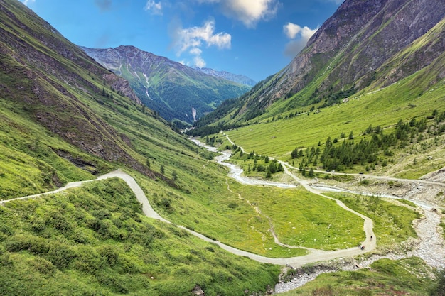 Die Bergstraße schlängelt sich durch ein wunderschönes grünes Tal inmitten der Großglockner-Berge