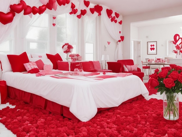 Die Überraschung am Valentinstag ist das wunderschön geschmückte Zimmer mit rosa und weißer Karte oder Geschenk
