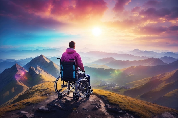 Die Überwindung des Unmöglichen mit einem Mann im Rollstuhl in den Bergen ist generativ