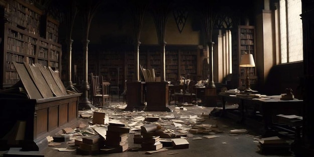 Die Bibliothek ist voller Bücher und der Boden ist mit Trümmern bedeckt.