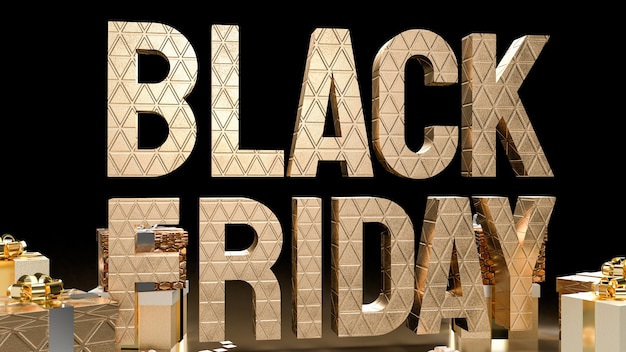 Die Black Friday Goldtext- und Geschenkboxen für Angebots- oder Werbeeinkaufskonzepte 3D-Rendering