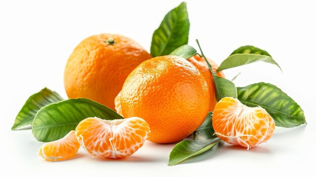 Die Blätter einer reifen Mandarine sind eine Nahaufnahme auf einem weißen Hintergrund Im Vordergrund sind die Blätter einer Mandarin-Orange