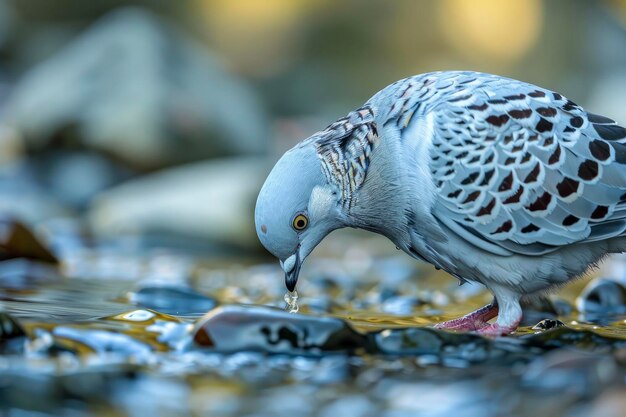 Die blassblaue Taube mit weißen und braunen Flecken trinkt Wasser aus dem Fluss