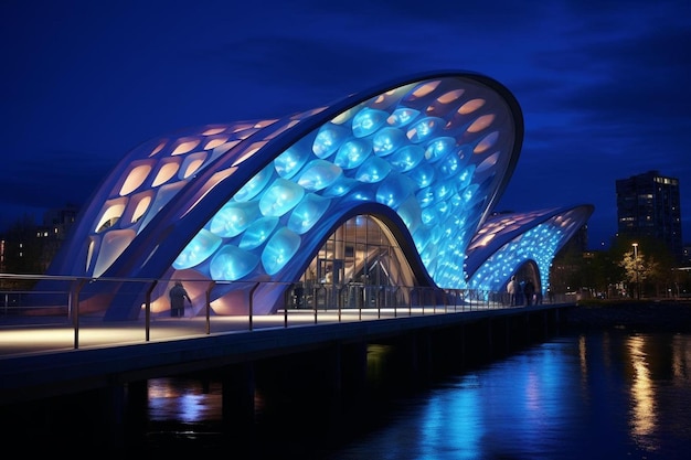 Die blaue Glaskuppel des Opernhauses bei Nacht