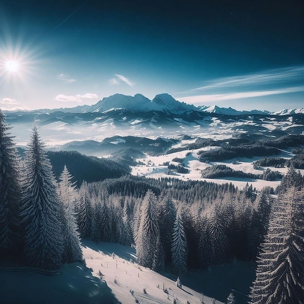 Die blaue Landschaft des nebligen Waldwinters Hill Wild