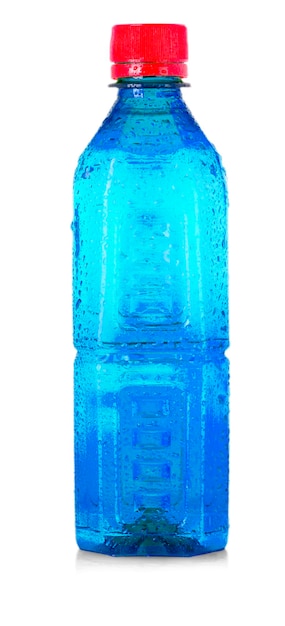 Die blaue Plastikflasche isoliert auf weißem Hintergrund