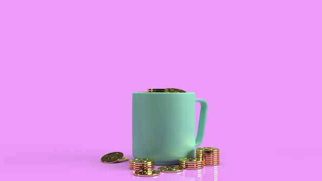 Die blaue Tasse und die Goldmünze im rosa Hintergrund für das Rendern des Geschäftsinhalts 3d.