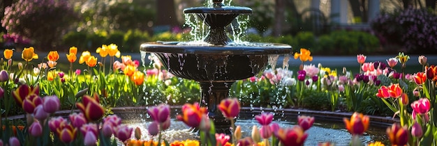 Die blühenden Blüten von Floral Harmony Springs prägen die Gelassenheit eines öffentlichen Wasserspiels