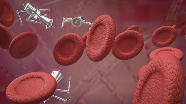 Die Blutzelle und der Nano-Bot für das 3D-Rendering des Wissenschafts- oder Bildungskonzepts