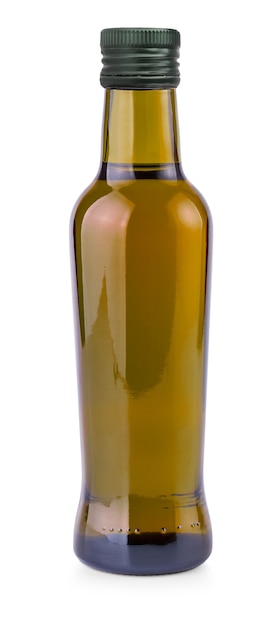 Die braune Flasche mit Olivenöl auf weißem Hintergrund