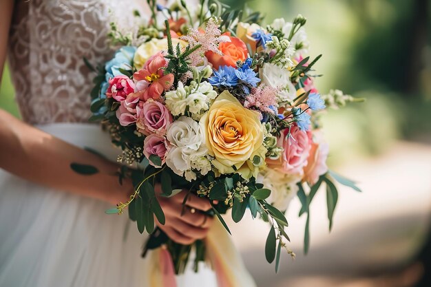Die Braut hält einen wunderschönen Blumenstrauß in ihren Händen