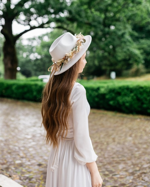 Die Braut in einem Hut und einem Blumenstrauß Porträt einer Braut in einem weißen Kleid Porträt der Braut Junges Mädchen in einem weißen Brautkleid und Hut mit einem Blumenstrauß
