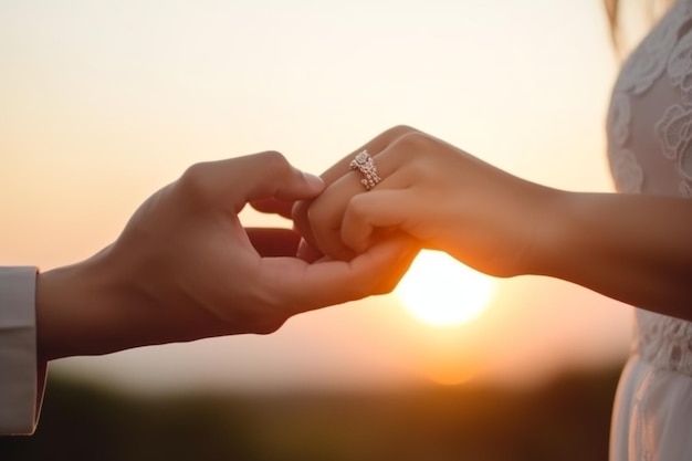 Die Braut und der Bräutigam benutzen zusammen den kleinen Finger, ein schönes Paar hält die Hand vor dem Hintergrund des Sonnenuntergangs