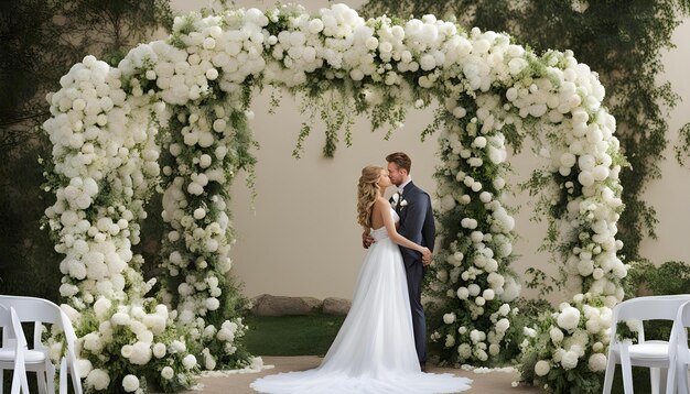 die Braut und der Bräutigam küssen sich unter dem Rosenbogen
