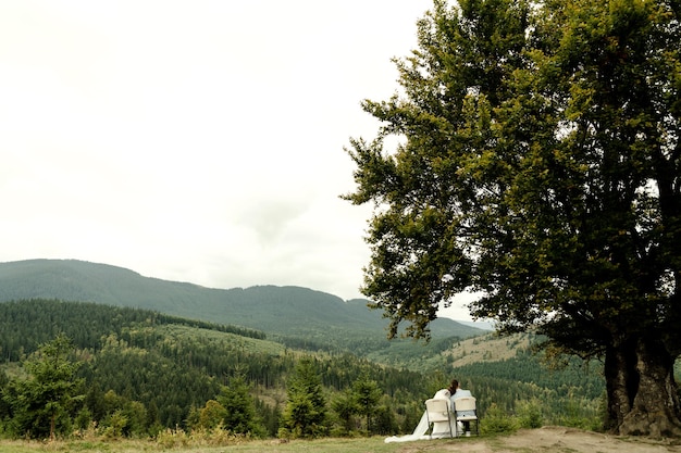 Die Braut und der Bräutigam sitzen auf Hochzeitsstühlen unter einem großen Baum vor der Kulisse der Berge
