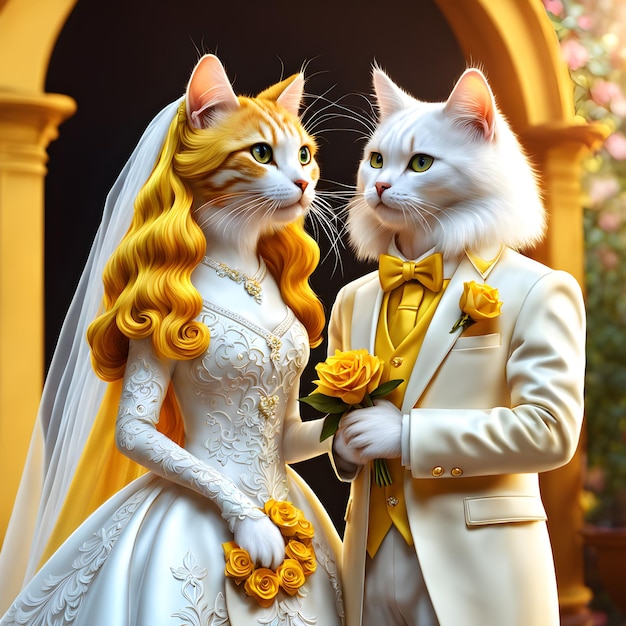 Die Brautkatze mit langem, fließendem gelben Fell und die Bräutigamkatze mit seidenweißem Fell sah absolut